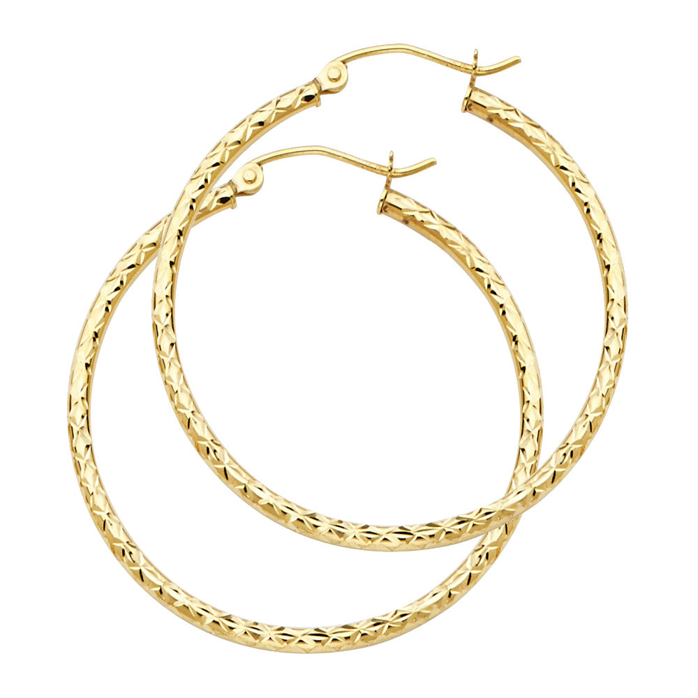14k Yellow Gold Simple Hinge Hoop Criss Cross Texture Circle Round Earrings