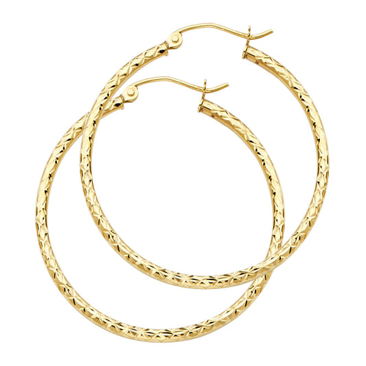 14k Yellow Gold Simple Hinge Hoop Criss Cross Texture Circle Round Earrings