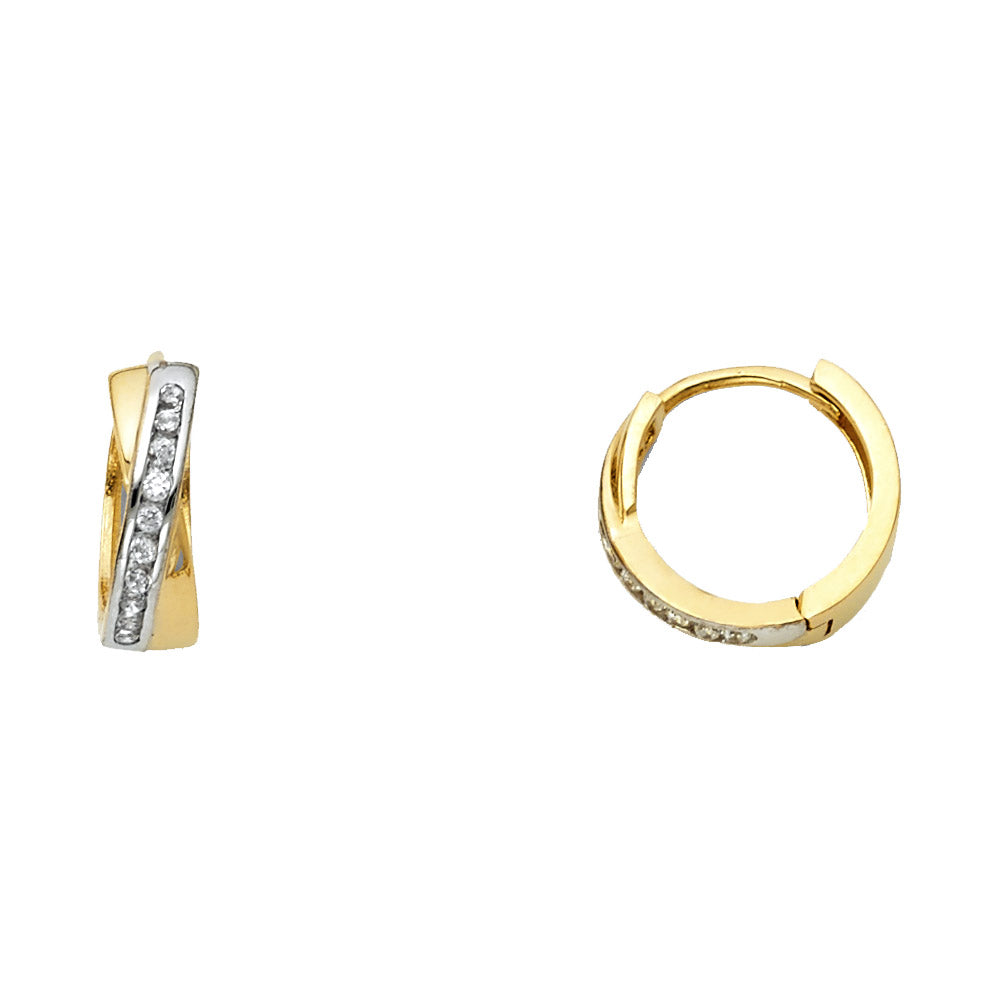 14k Yellow Gold Studded Wave Hoop Huggie High Polish Earrings