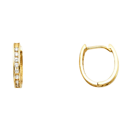 14k Yellow Gold Simple Clear CZ Studded Hoop Huggie Vintage Classic Earrings