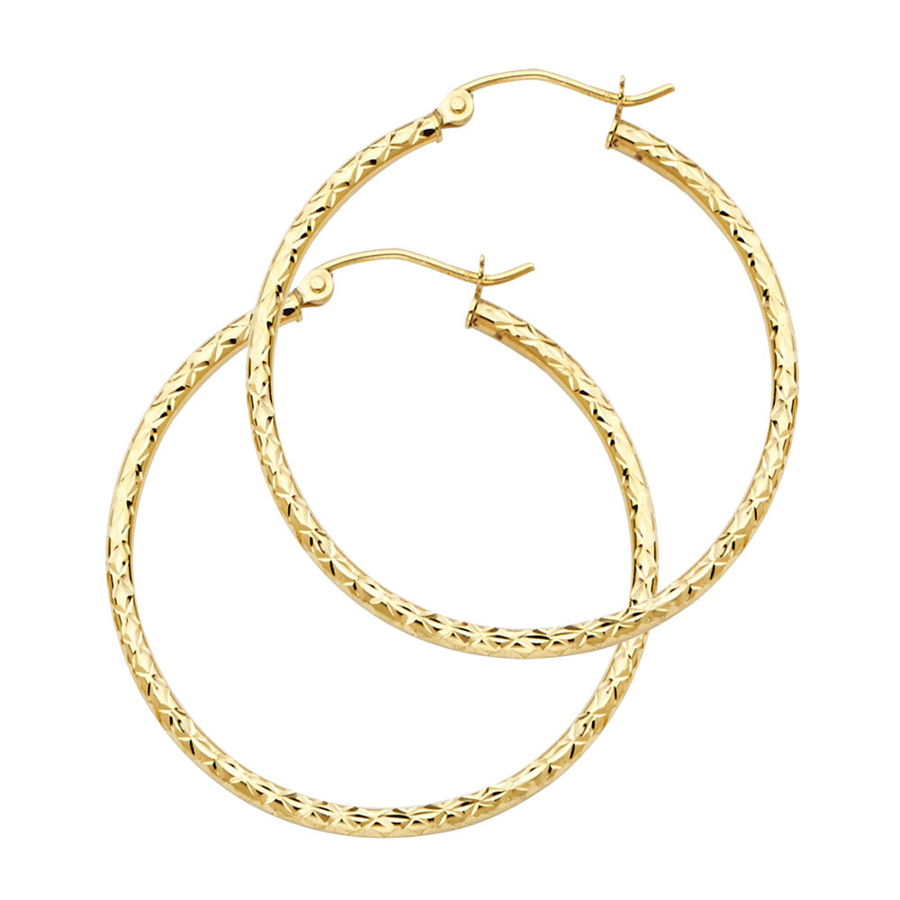 14k Yellow Gold Classic Hoop Textured Hinge Clasp Round Earrings