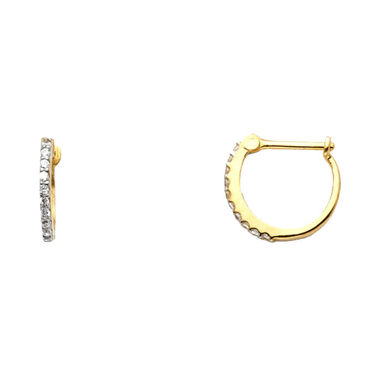 14k Yellow Gold Simple Clear CZ Hoop Huggie Classic Hinge Vintage Earrings