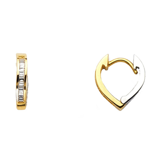 14k Two-Color Gold Elegant Modern Hoop Huggie Hinge Promise Heart Earrings