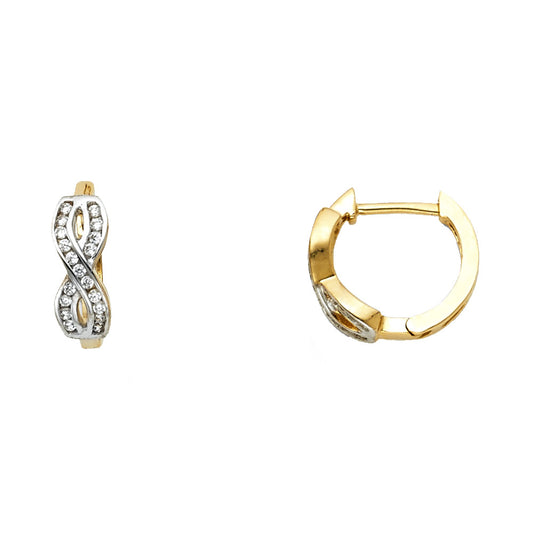 14k Yellow Gold Studded Infinity Loop Huggie Hoop Knot Clear CZ Vintage Earrings