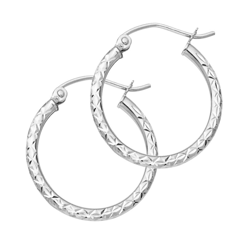 14k White Gold Modern Zig Zag Textured Hoop Circle Round Hinge Clasp Earrings