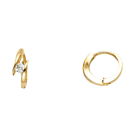14k Yellow Gold High Polish Hoop Huggie Studded Round Earrings Clear CZ