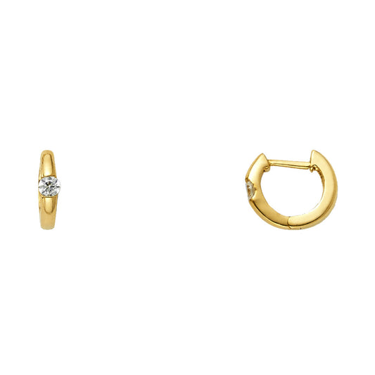 14k Yellow Gold Studded Hoop Huggie Clear CZ Hinge Classic Modern Earrings