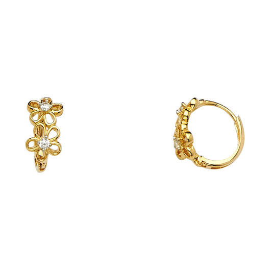 14k Yellow Gold Daisy Flower Huggie Hoop Clear CZ Fashion Studded Earrings