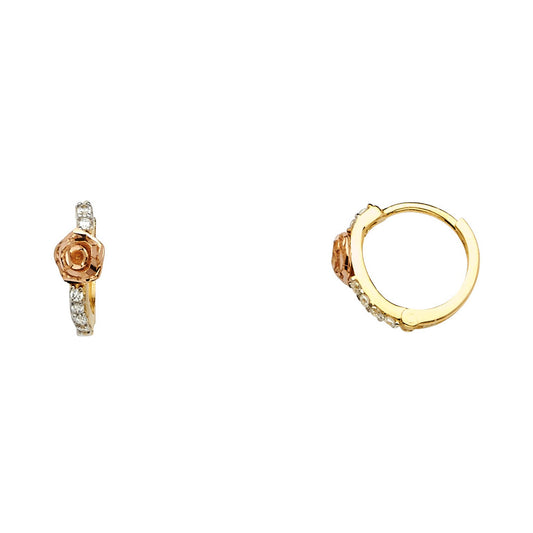 14k Two-Color Gold Simple Flower Hoop Huggie Studded Rose Earrings Clear CZ