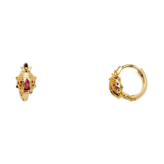 14k Yellow Gold High Polish Ladybug Hoop Huggie Animal Insect Bug Earrings