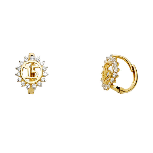 14k Yellow Gold 15 Year Old Gift Burst Huggie Hoop Clear CZ Star Earrings