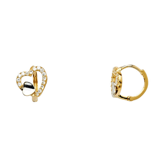 14k Two-Color Gold Studded Cutout Heart Hoop Huggie Love Earrings Clear CZ