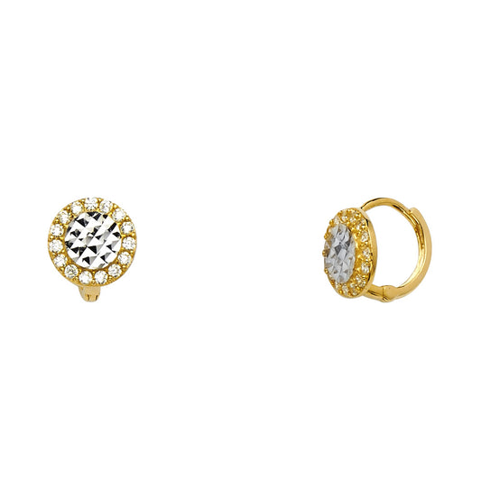 14k Two-Color Gold Diamond-Cut Circle Hoop Huggie Medallion Earrings Clear CZ