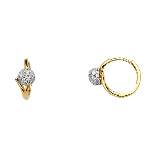 14k Yellow Gold Clear CZ Elegant Hoop Huggie Fashion Sphere Ball Earrings