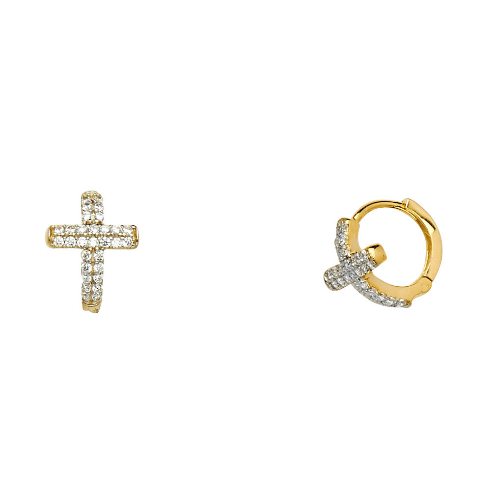 14k Yellow Gold Studded Clear CZ Cluster Cross Huggie Hoop Christian Earrings