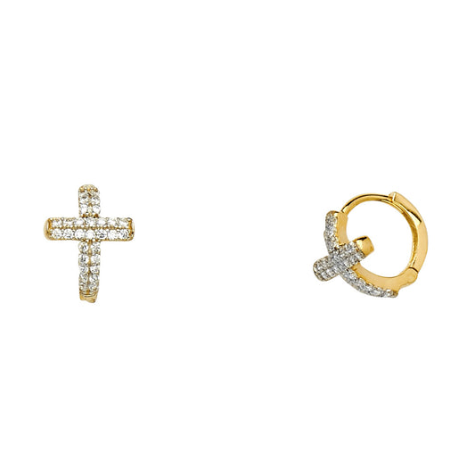 14k Yellow Gold Studded Clear CZ Cluster Cross Huggie Hoop Christian Earrings