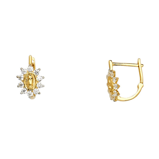 14k Yellow Gold High Polish Our Lady Of Guadalupe Hoop Sun Earrings Clear CZ