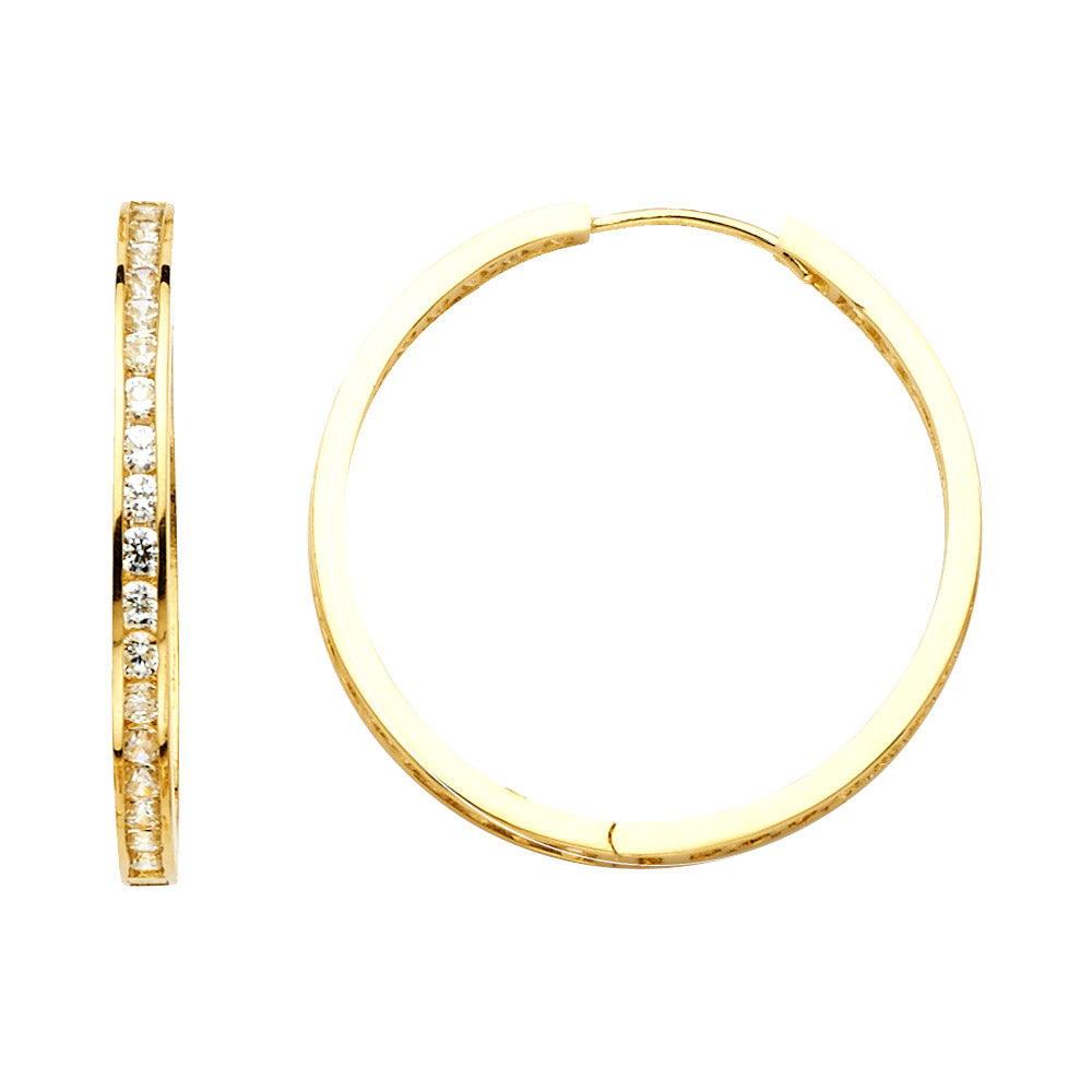 14k Yellow Gold Classic Studded Hoop Thin Round Elegant Earrings