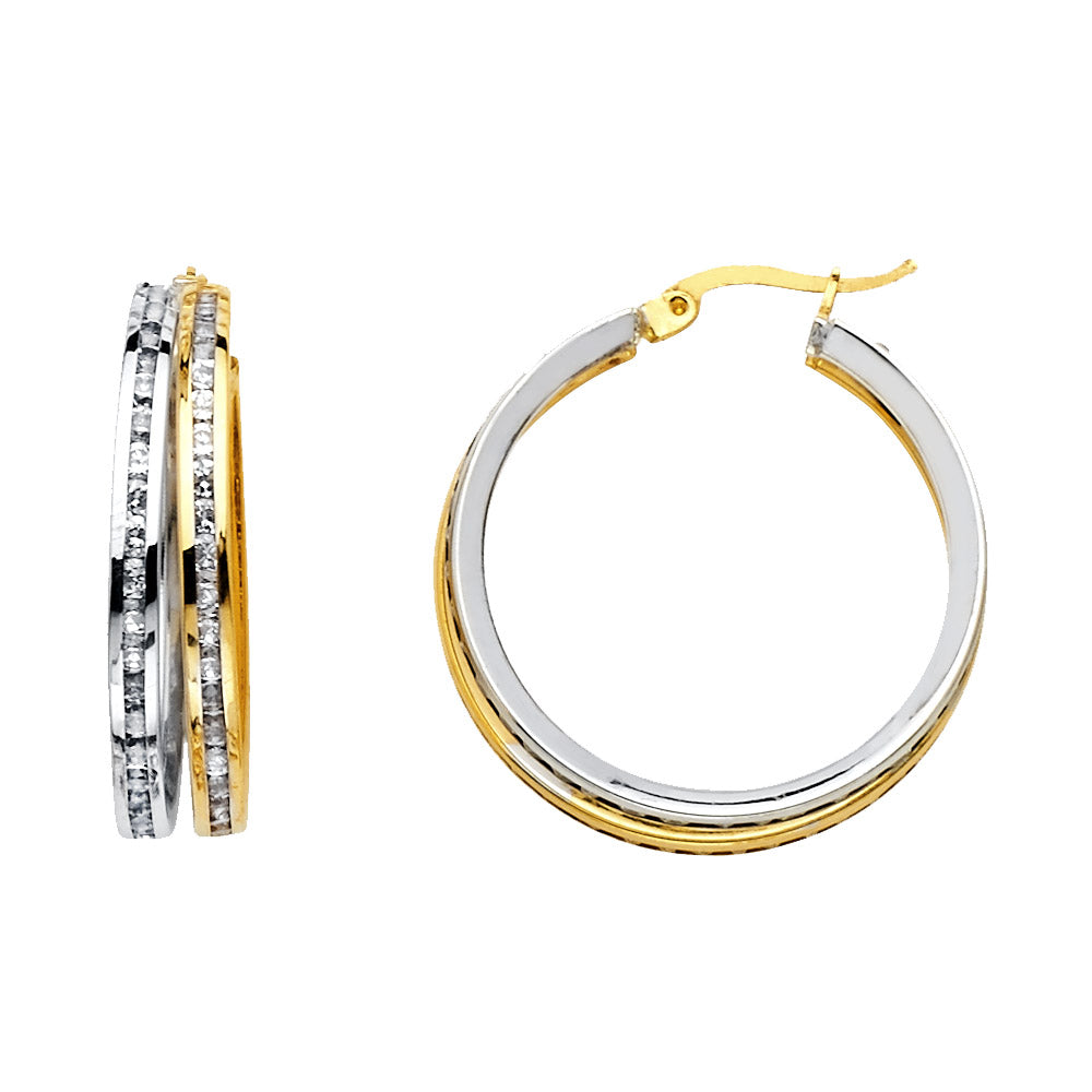 14k Two-Color Gold Wide Studded Hoop Modern Glamorous Earrings