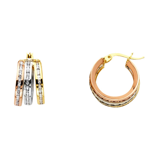 14k Tri-Color Gold Simple Hoop Studded Vintage Classic Earrings
