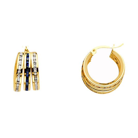 14k Yellow Gold Triple Studded Hoop Layered Circle Classic Elegant Earrings