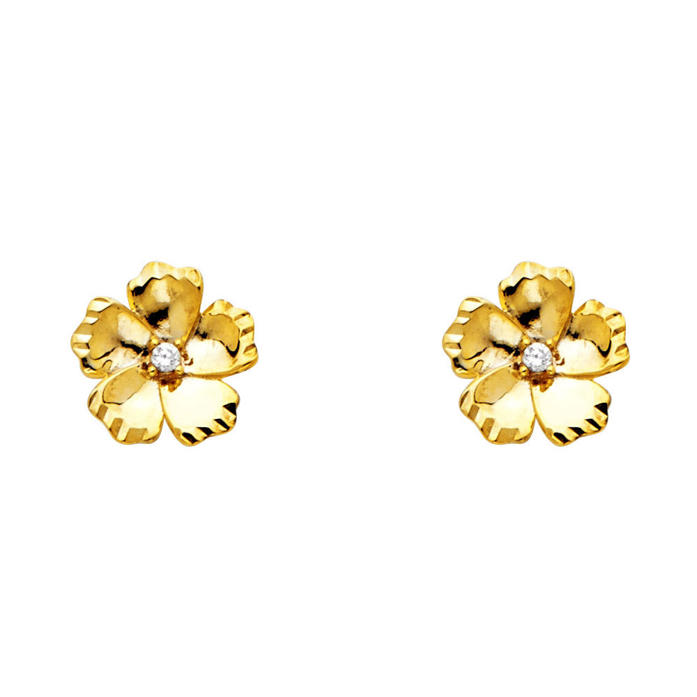 14k Yellow Gold Ruffled Flower Stud Studded Scalloped Edge Plumeria Earrings