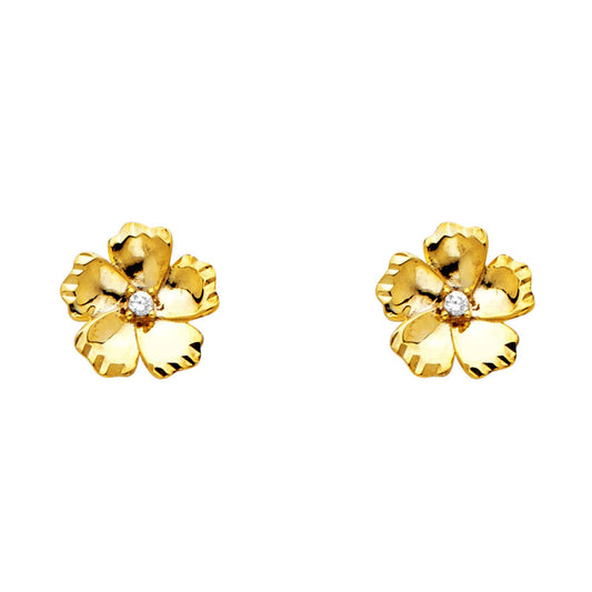 14k Yellow Gold Ruffled Flower Stud Studded Scalloped Edge Plumeria Earrings