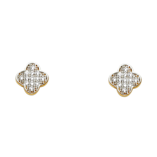14k Yellow Gold Elegant Studded Quatrefoil Stud Flower Simple Studded Earrings