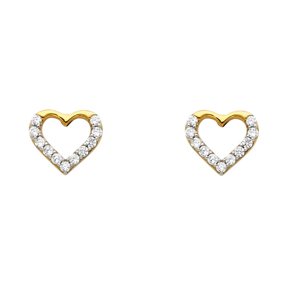 14k Yellow Gold Simple High Polish Heart Stud Studded Micro Pave Shiny Earrings