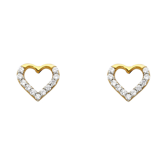 14k Yellow Gold Simple High Polish Heart Stud Studded Micro Pave Shiny Earrings