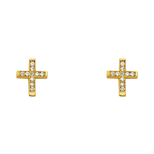 14k Yellow Gold Simple Studded Cross Stud Classic Jesus Christ Earrings