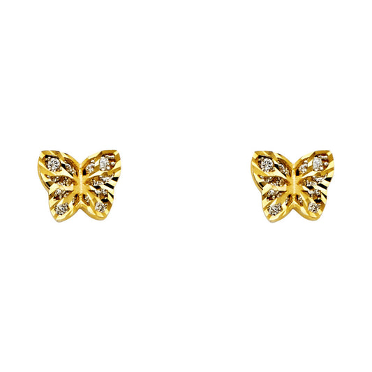 14k Yellow Gold Studded Butterfly Stud Diamond-Cut Design Animal Bug Earrings