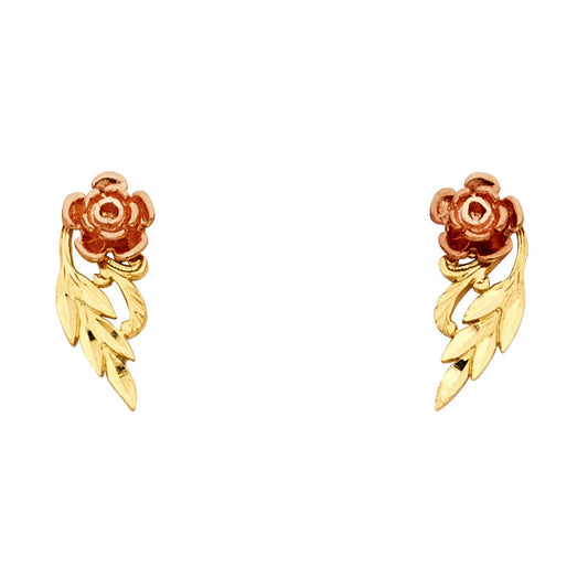 14k Two-Color Gold Elegant Flower Stud Rose Leaf Nature Vine Earrings