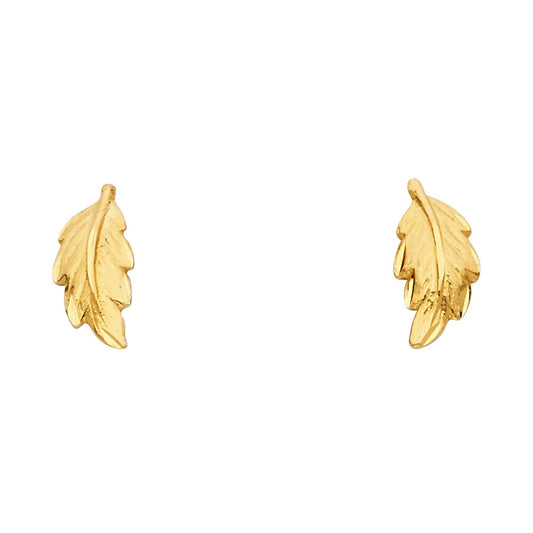 14k Yellow Gold High Polish Leaf Stud Feather Shiny Nature Earrings