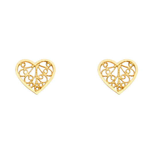 14k Yellow Gold Filigree Swirl Heart Stud Promise Love Cutout Earrings