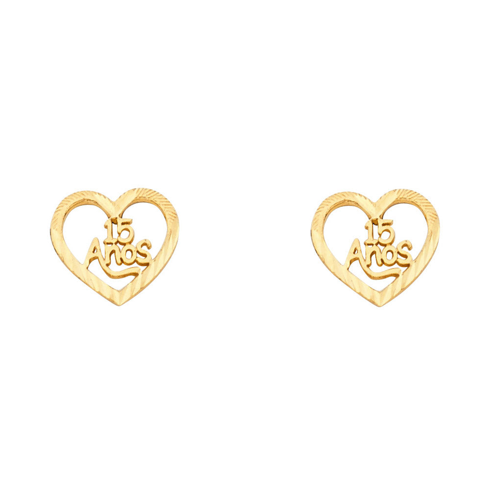 14k Yellow Gold Quinceanera Heart Stud Love 15 Anos Cutout Open Earrings