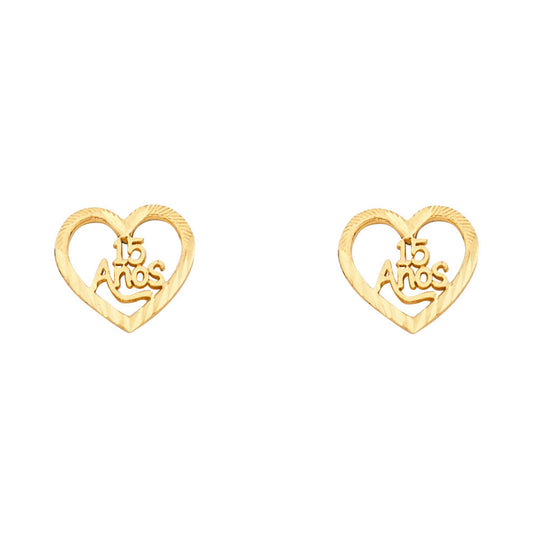 14k Yellow Gold Quinceanera Heart Stud Love 15 Anos Cutout Open Earrings