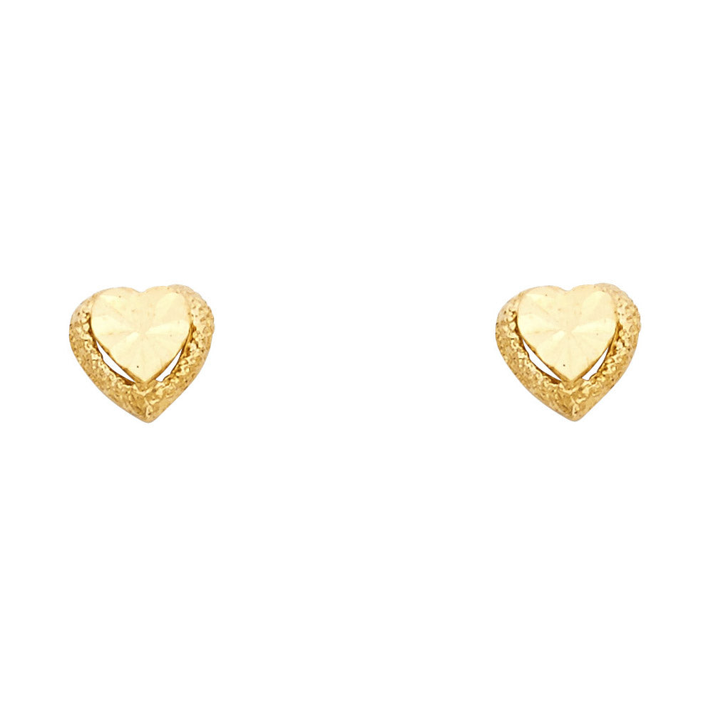 14k Yellow Gold Simple Promise Heart Stud Flat Love Satin Finish Earrings