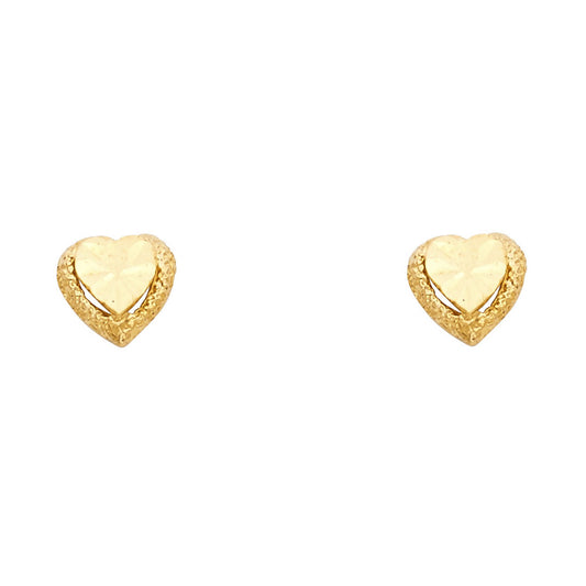 14k Yellow Gold Simple Promise Heart Stud Flat Love Satin Finish Earrings