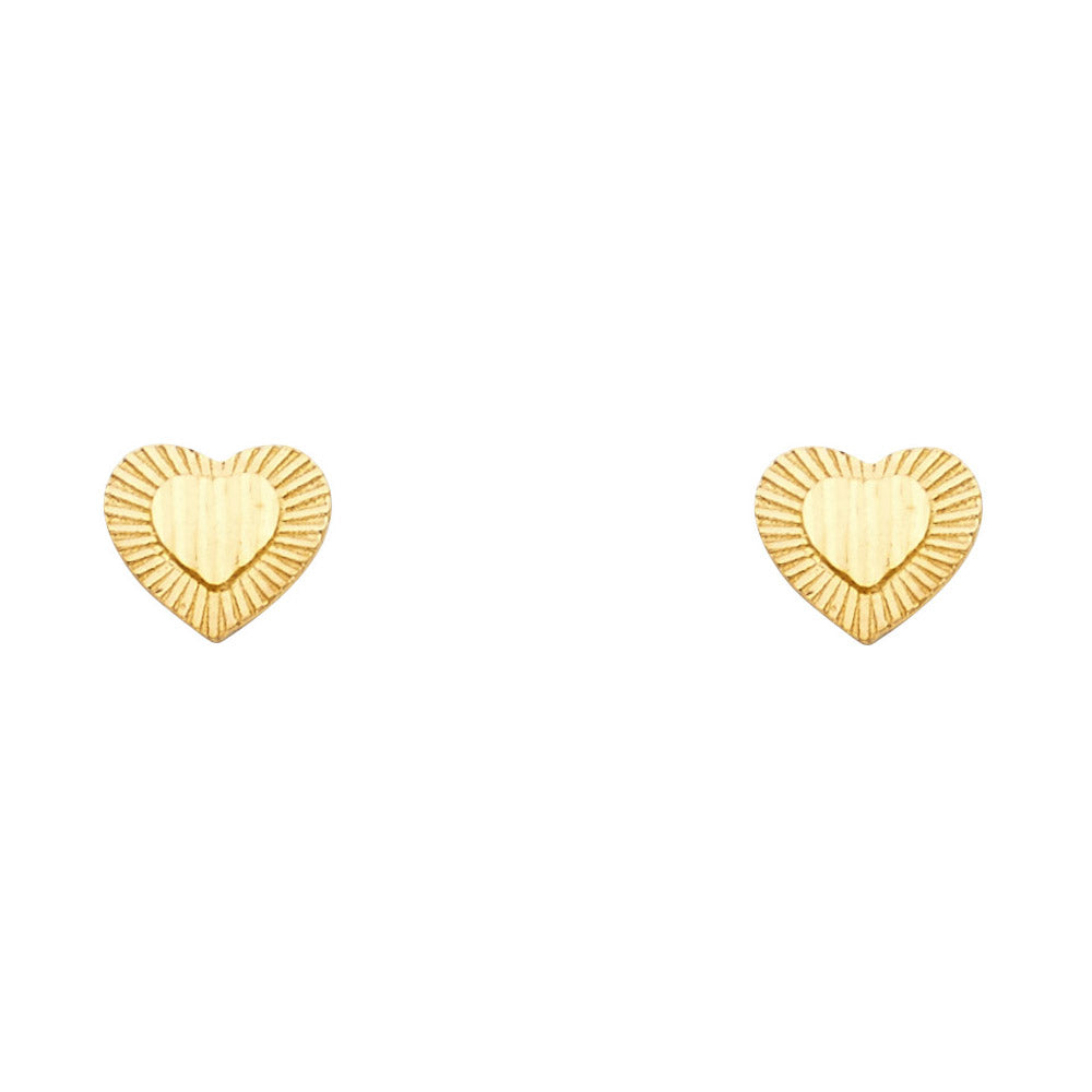 14k Yellow Gold Ribbed Heart Stud Flat High Polish Groove Love Promise Earrings