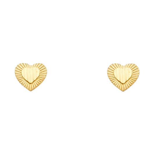 14k Yellow Gold Ribbed Heart Stud Flat High Polish Groove Love Promise Earrings