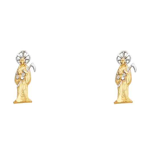 14k Yellow Gold Santa Muerte Earrings Stud Angel of Death Catholic