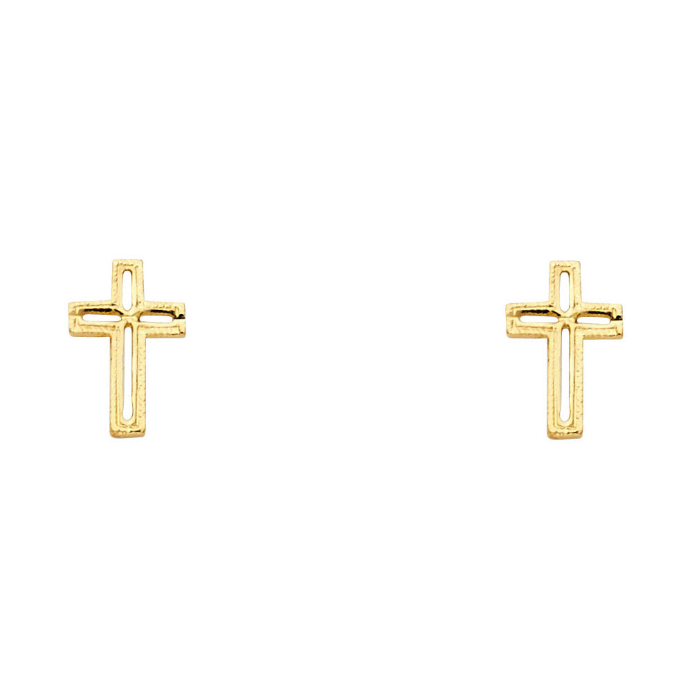 14k Yellow Gold High Polish Cross Outline Stud Jesus Christ Crucifix Earrings
