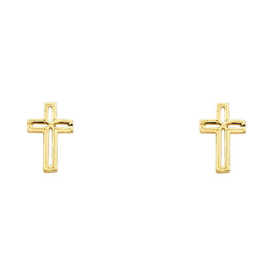 14k Yellow Gold High Polish Cross Outline Stud Jesus Christ Crucifix Earrings