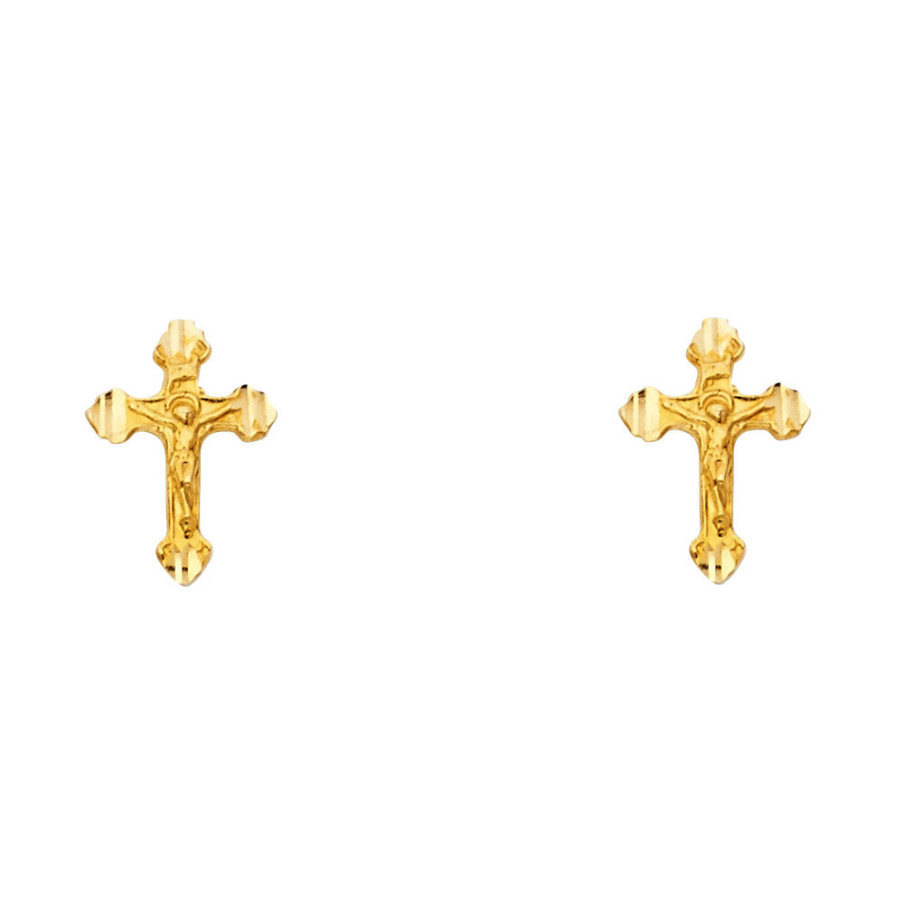 14k Yellow Gold Ornate Crucifix Stud Cross Jesus Christ Love Earrings