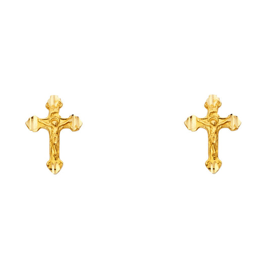 14k Yellow Gold Ornate Crucifix Stud Cross Jesus Christ Love Earrings