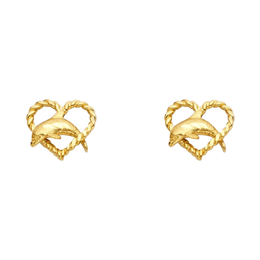 14k Yellow Gold Dolphin Heart Stud Rope Knot Spiral Animal Love Earrings