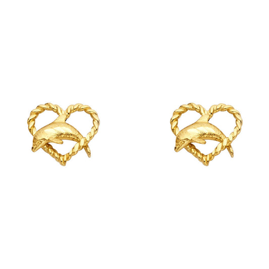14k Yellow Gold Dolphin Heart Stud Rope Knot Spiral Animal Love Earrings