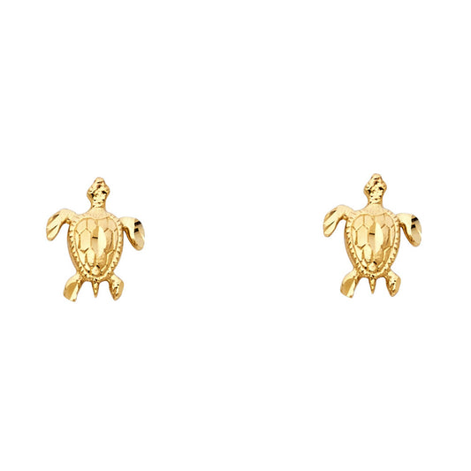 14k Yellow Gold Cute Sea Turtle Stud Polished & Textured Ocean Animal Earrings