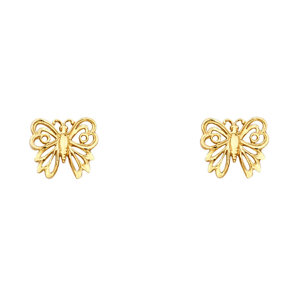 14k Yellow Gold Cute Filigree Swirl Butterfly Stud Cutout Wing Nature Earrings